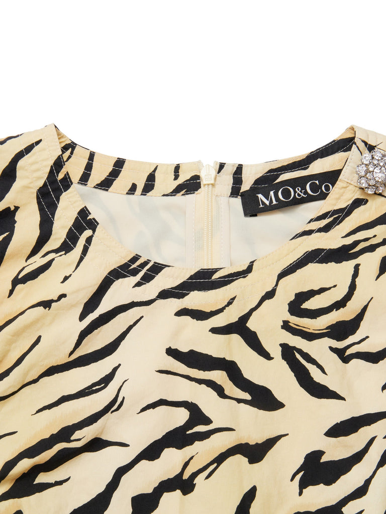 MO&Co. Women's Cotton Pleated Tiger Print Dress 102% Cotton Long Sleeves