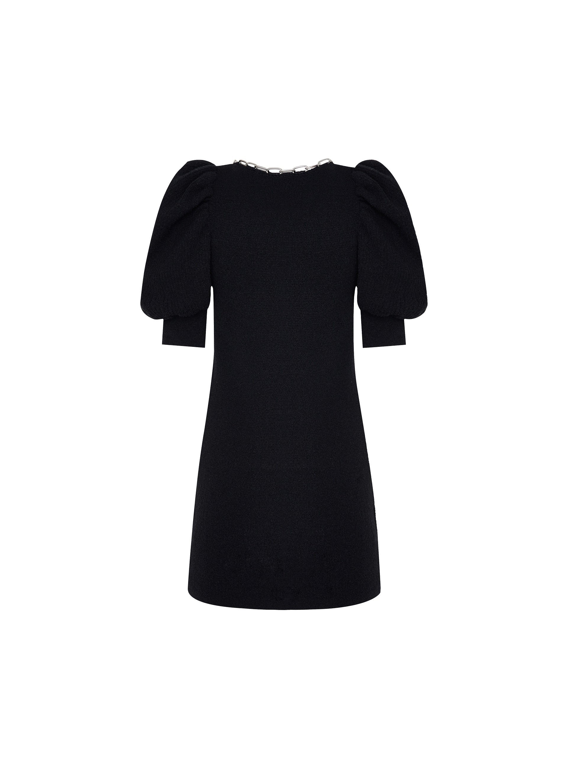 MO&Co. Women's Puff Sleeved Wool Blend Dress Round Neck Black Dress For Woman