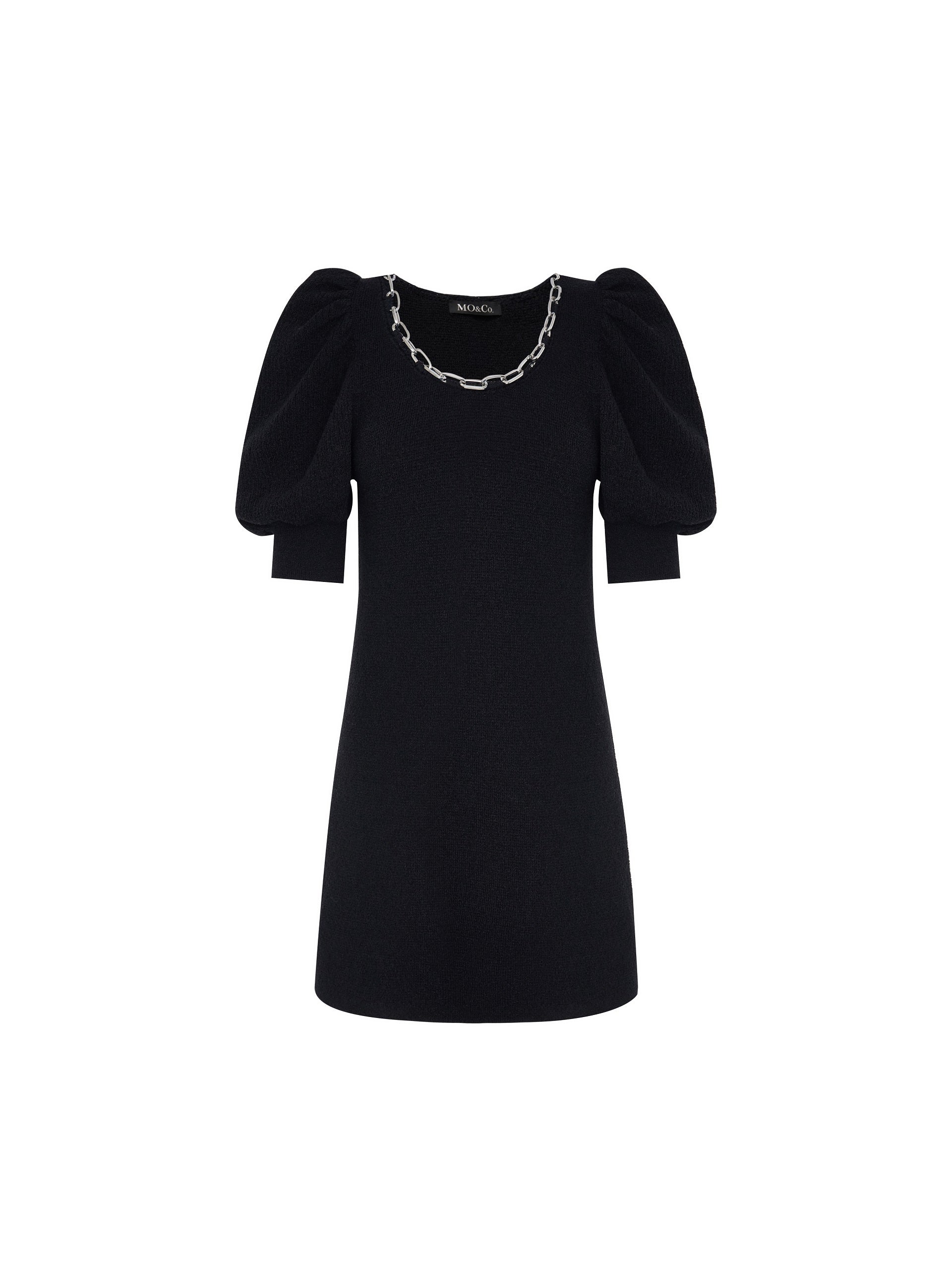 MO&Co. Women's Puff Sleeved Wool Blend Dress Round Neck Black Dress For Woman