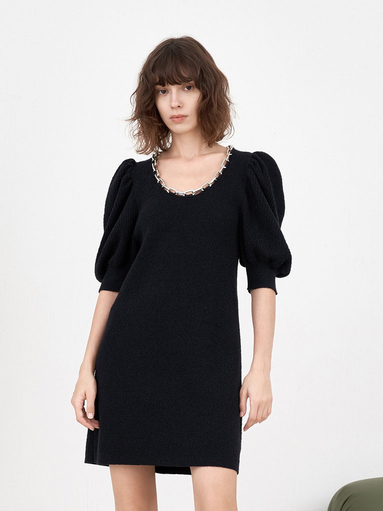 MO&Co. Women's Puff Sleeved Wool Blend Dress Round Neck Black Dress For Woman