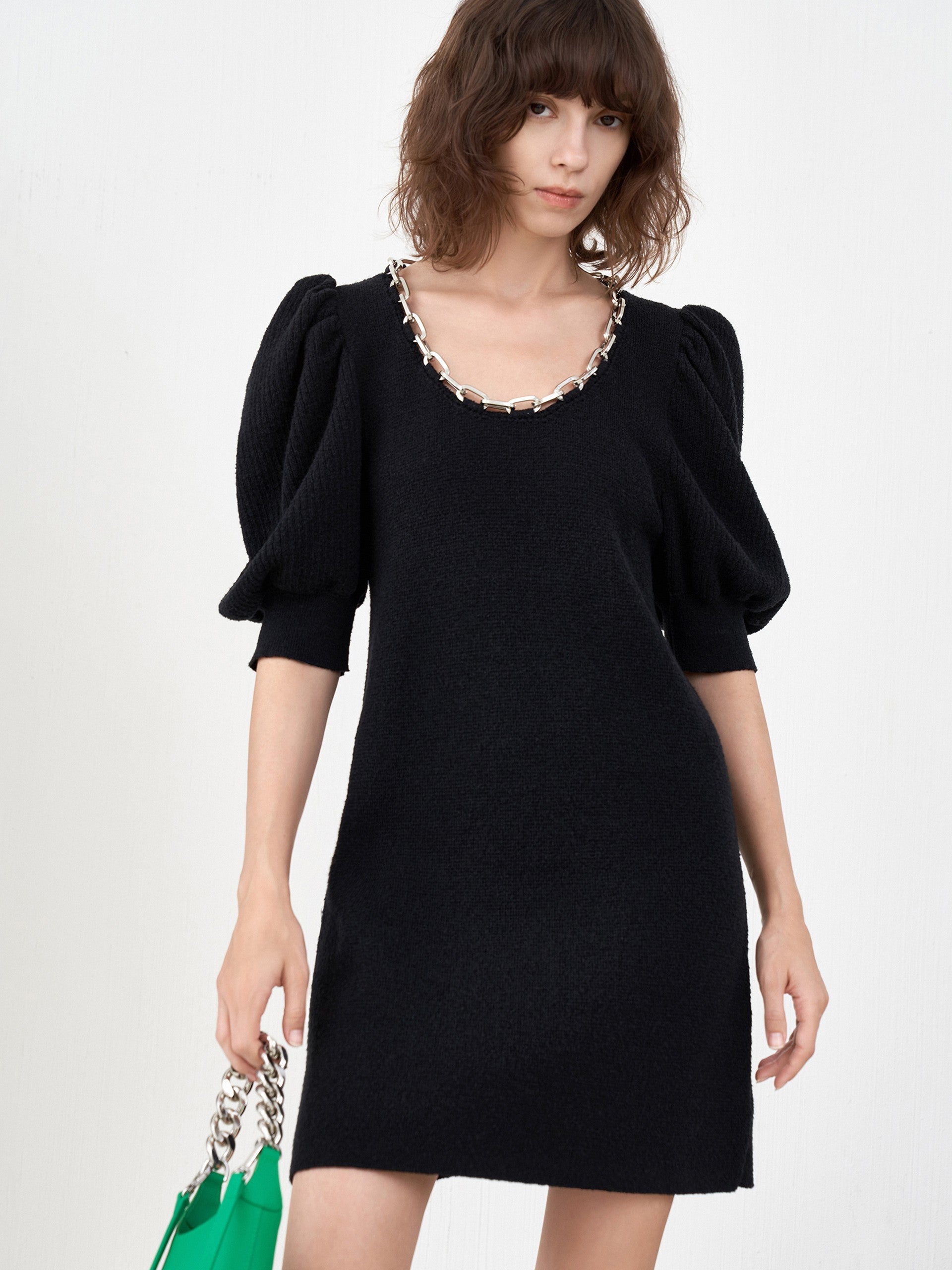 MO&Co. Women's Puff Sleeved Wool Blend Dress Round Neck Black Dress For Woman