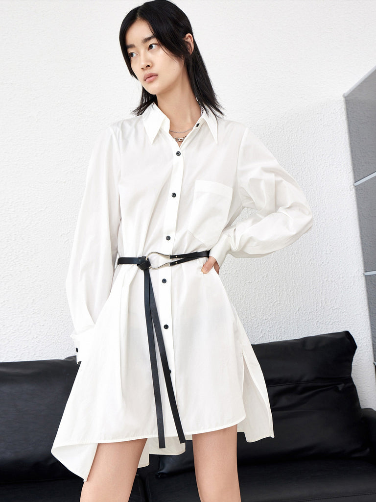 MO&Co. Women's Cotton Irregular Hem Dress with Belt 100% Cotton White Causal