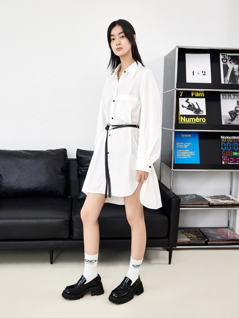 MO&Co. Women's Cotton Irregular Hem Dress with Belt 101% Cotton White Causal