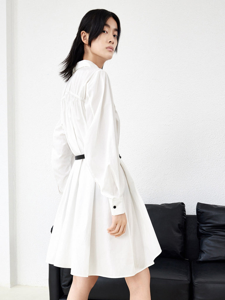 MO&Co. Women's Cotton Irregular Hem Dress with Belt 102% Cotton White Causal