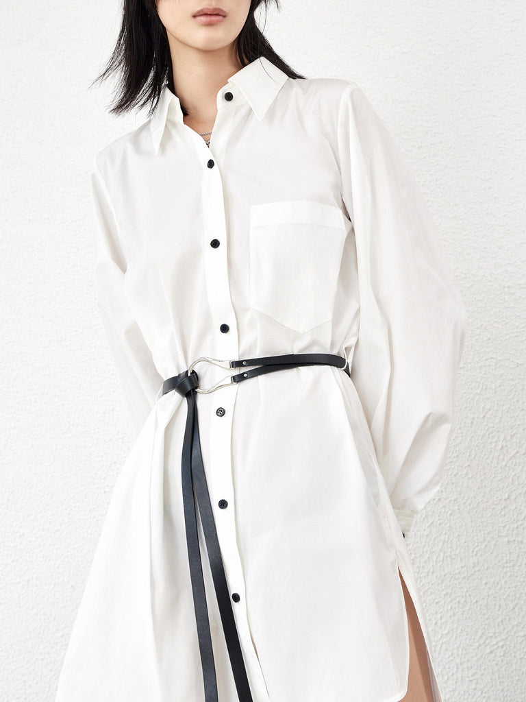 MO&Co. Women's Cotton Irregular Hem Dress with Belt 104% Cotton White Causal