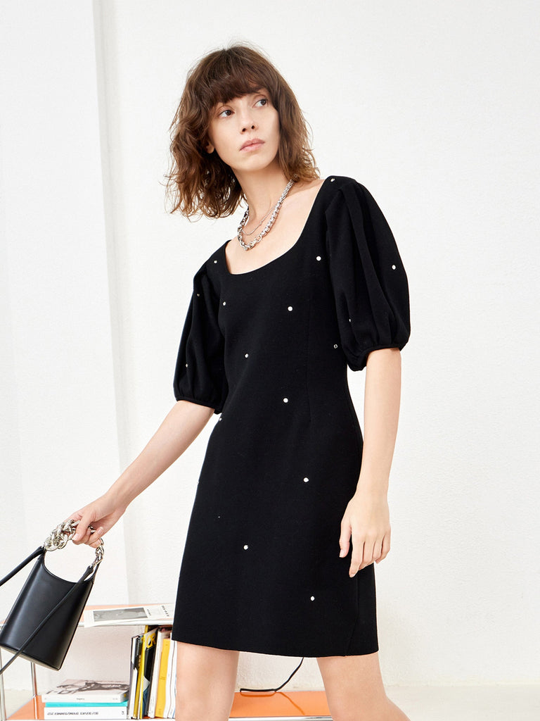 MO&Co. Women's Square Neck Puff Sleeve Dress Black Summer Fitted Dress For Woman