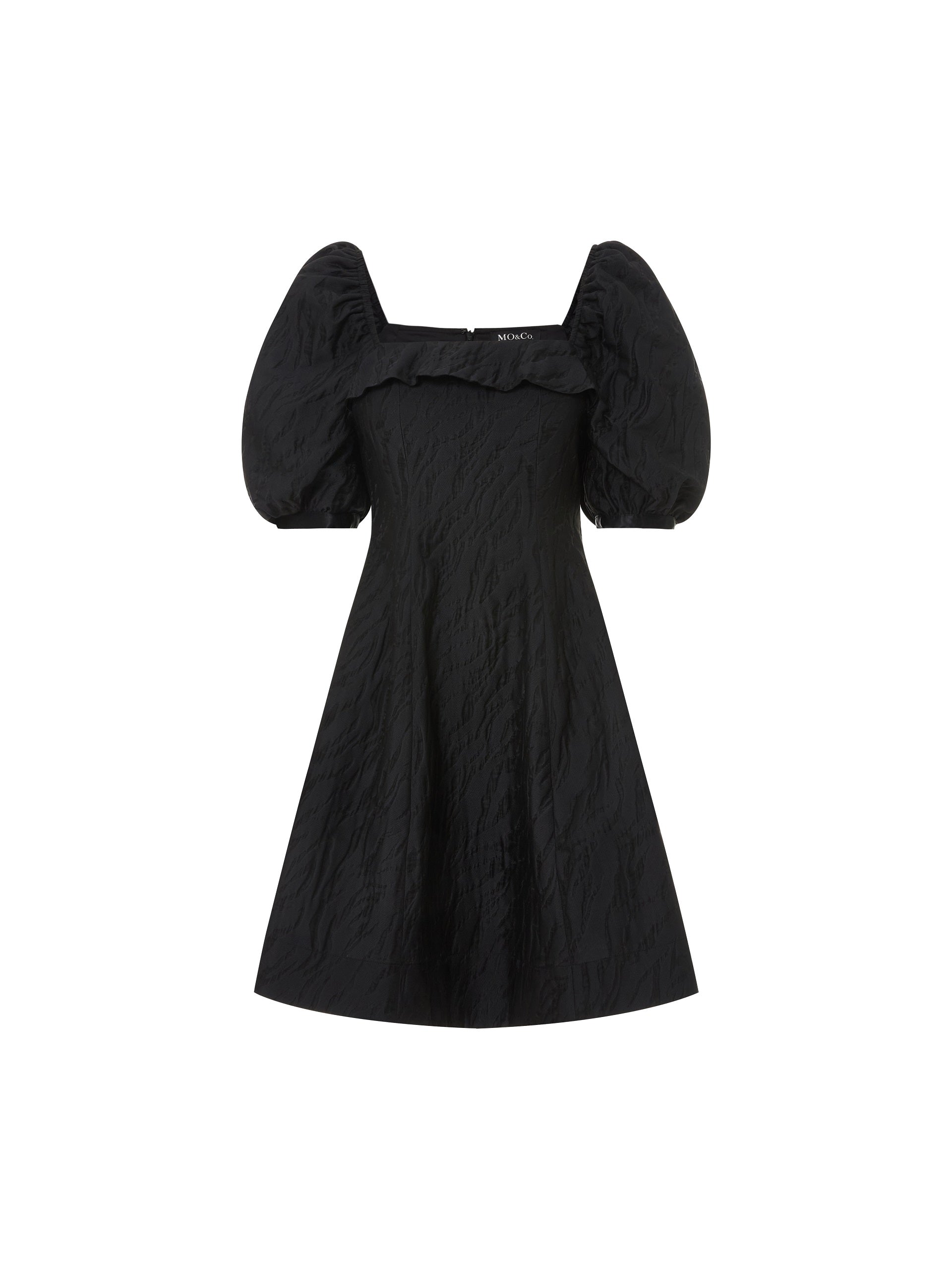 MO&Co. Women's Ruffle Neck Puff Sleeve Dress Black Summer Fitted Dress For Woman