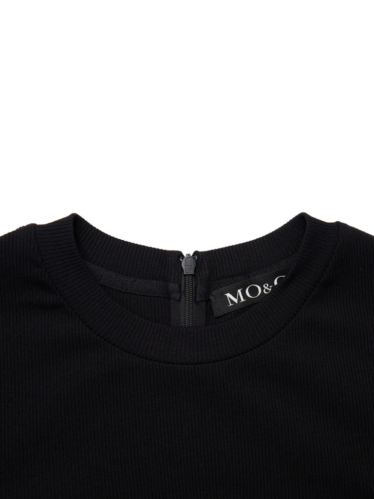 MO&Co. Women's Ribbed Panel Waist Dress short Sleeve Black Summer Dress