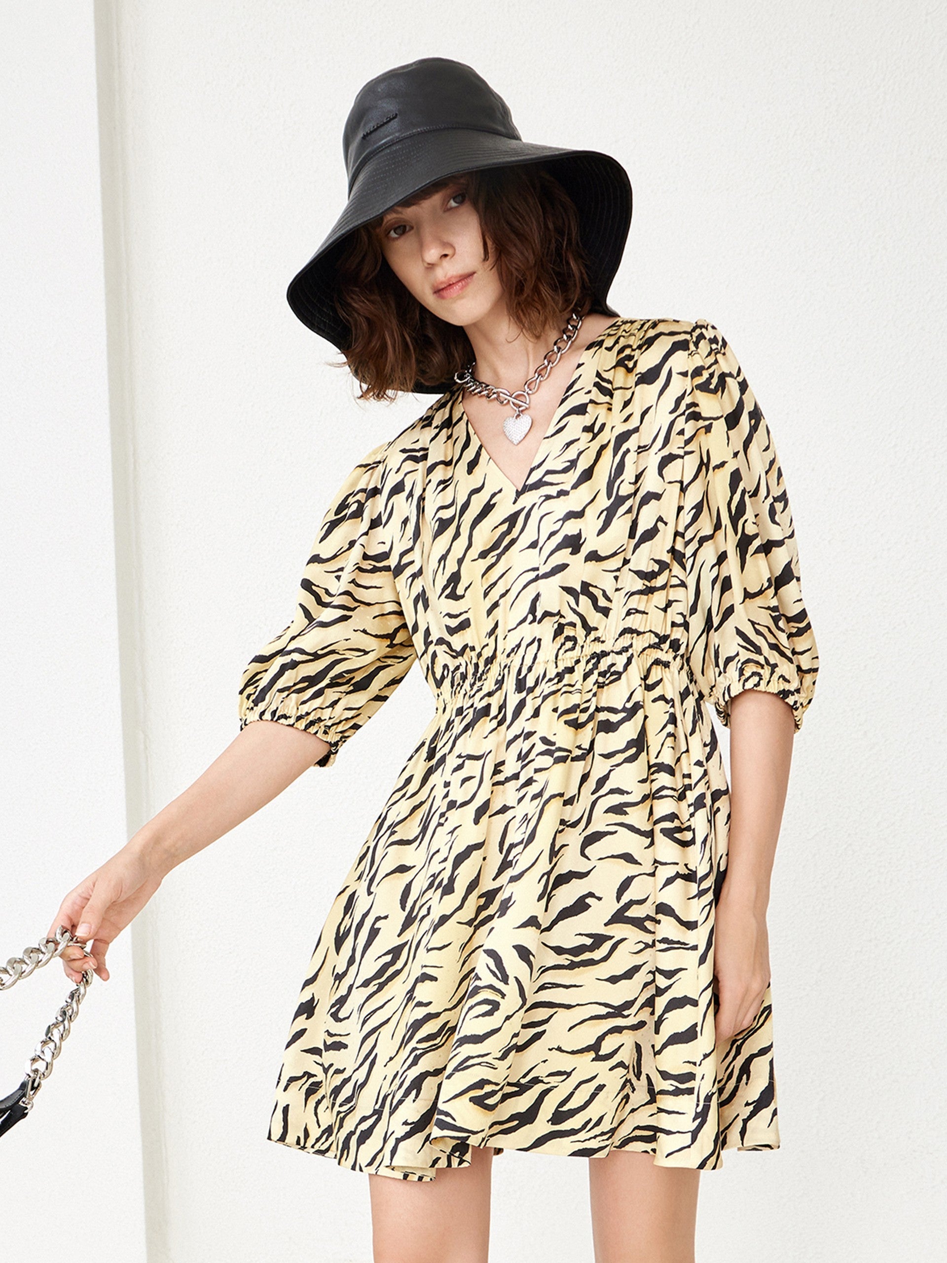 MO&Co. Women's V Neck Tiger Print Dress Summer Causal Fitted Dress For Woman