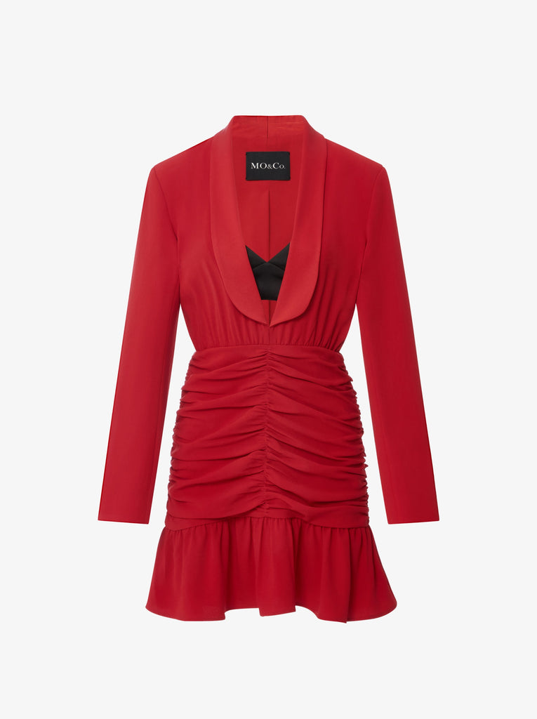 MO&Co. Women's V-neck Ruched Ruffle Dress Sexy Red Dress For Woman