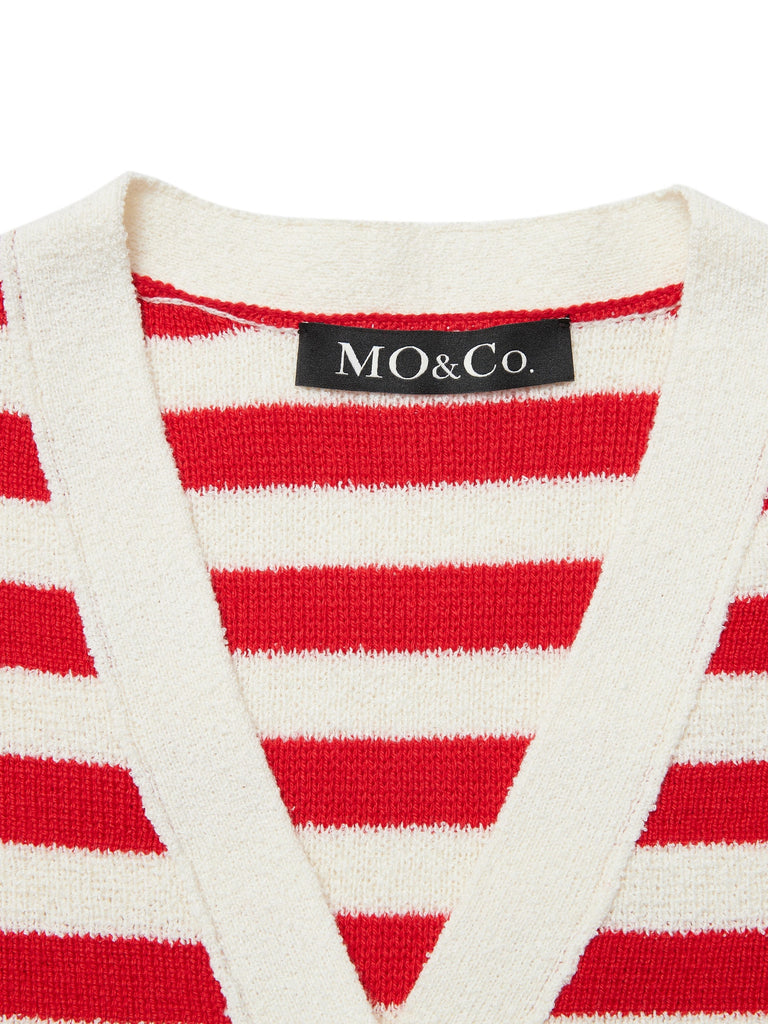 MO&Co. Women's Puff Sleeve Wool Blend Striped Dress Fitted Chic V Neck Red