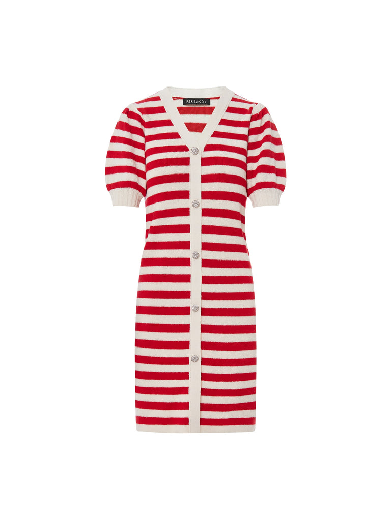 MO&Co. Women's Puff Sleeve Wool Blend Striped Dress Fitted Chic V Neck Red