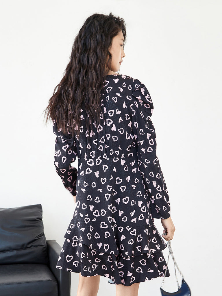 MO&Co. Women's Heart Print Asymmetric Ruffle Dress Black Long Sleeves For Woman