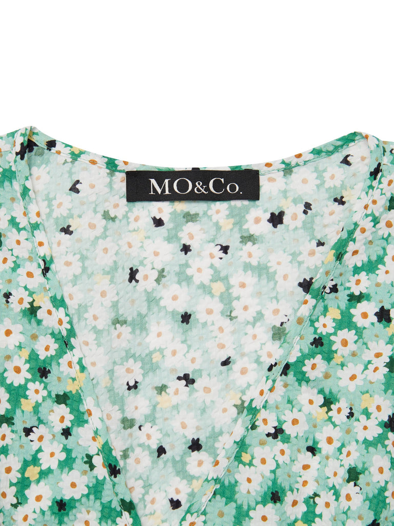 MO&Co. Women's Puff Sleeve Daisy Print Cotton Dress Fitted Casual V Neck