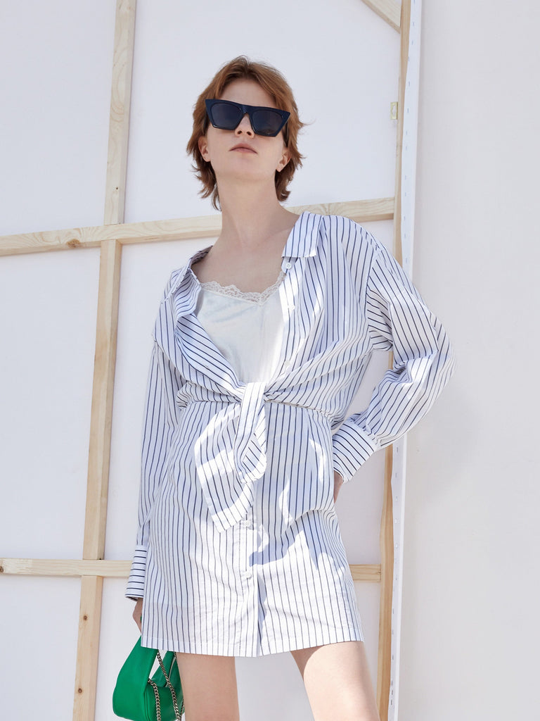 MO&Co. Women's Twisted Striped Shirt Dress Loose Chic Lapel White Summer