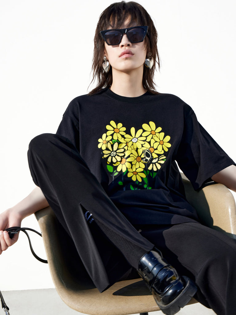 MO&Co. Women's Flower Print Oversized T-shirt Best Beige T Shirt