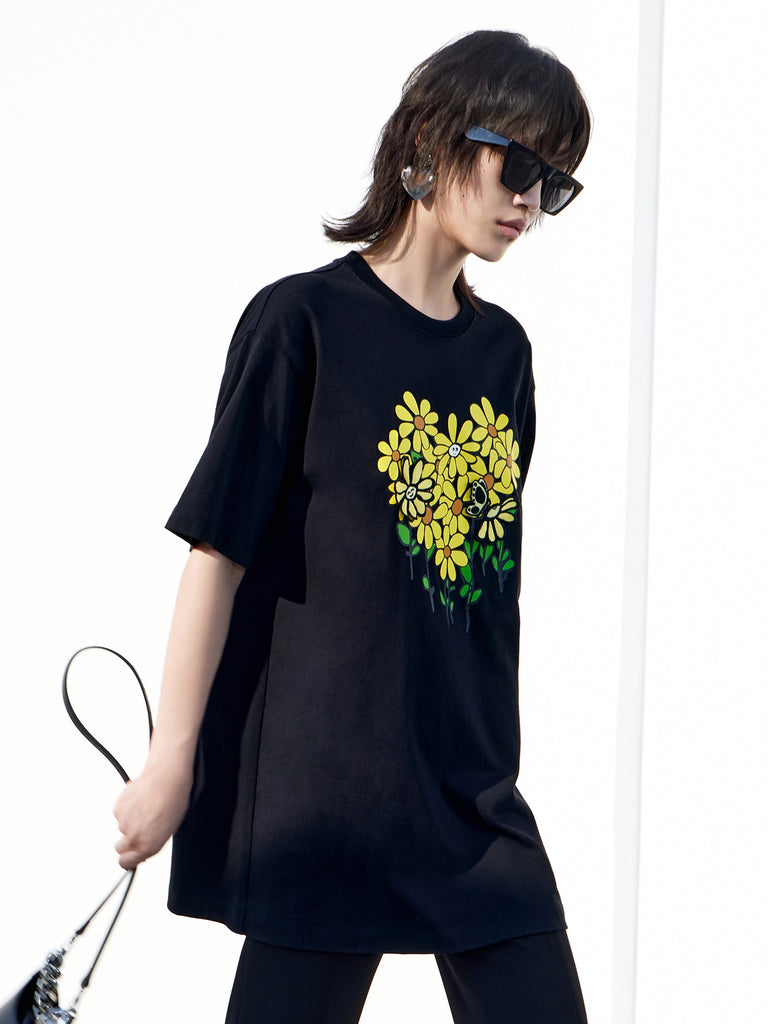 MO&Co. Women's Flower Print Oversized T-shirt Best Beige T Shirt