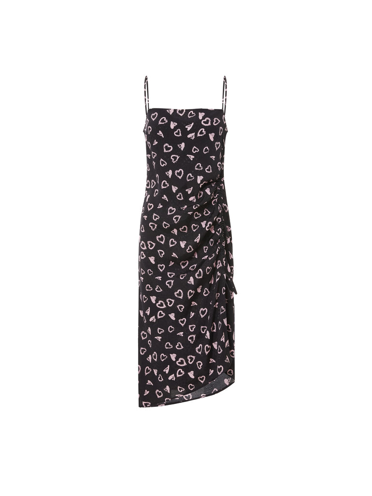 MO&Co. Women's Heart Print Ruched Slip Dress Fitted Casual Slip Black 
