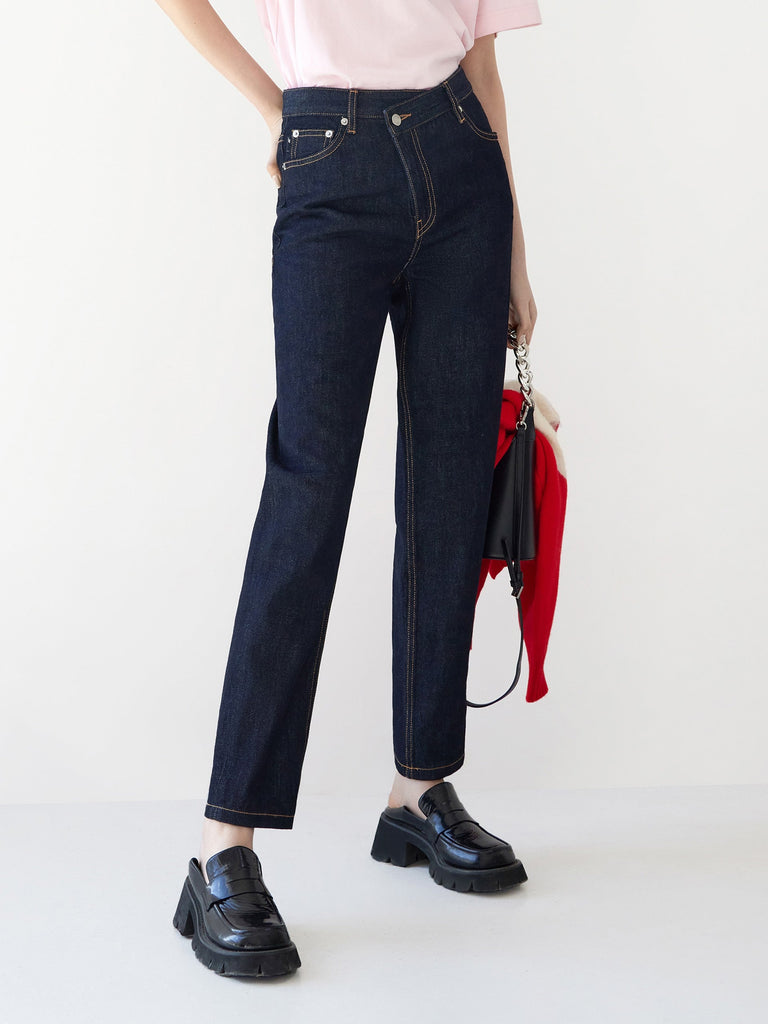 MO&Co. Women's Cotton Straight Leg Jeans Loose Cowboys Blue Demin Jeans