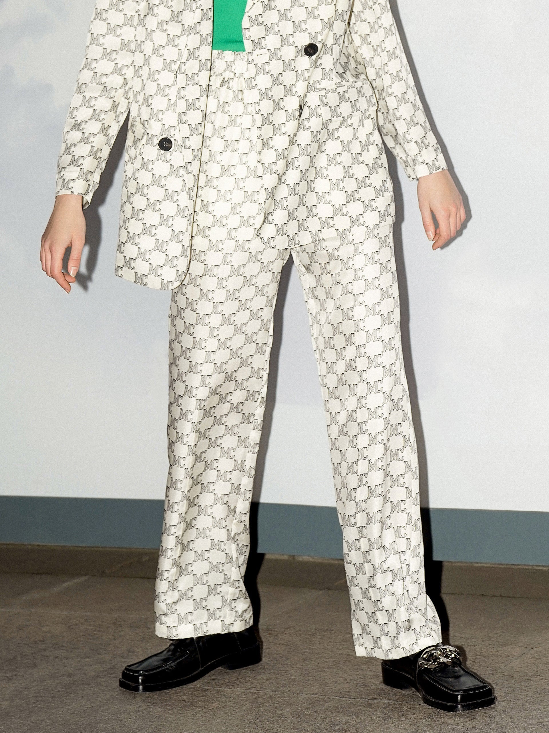 MO&Co. Women's Silk Blend Monogram Print Pants Straight Chic White Pants Outfit