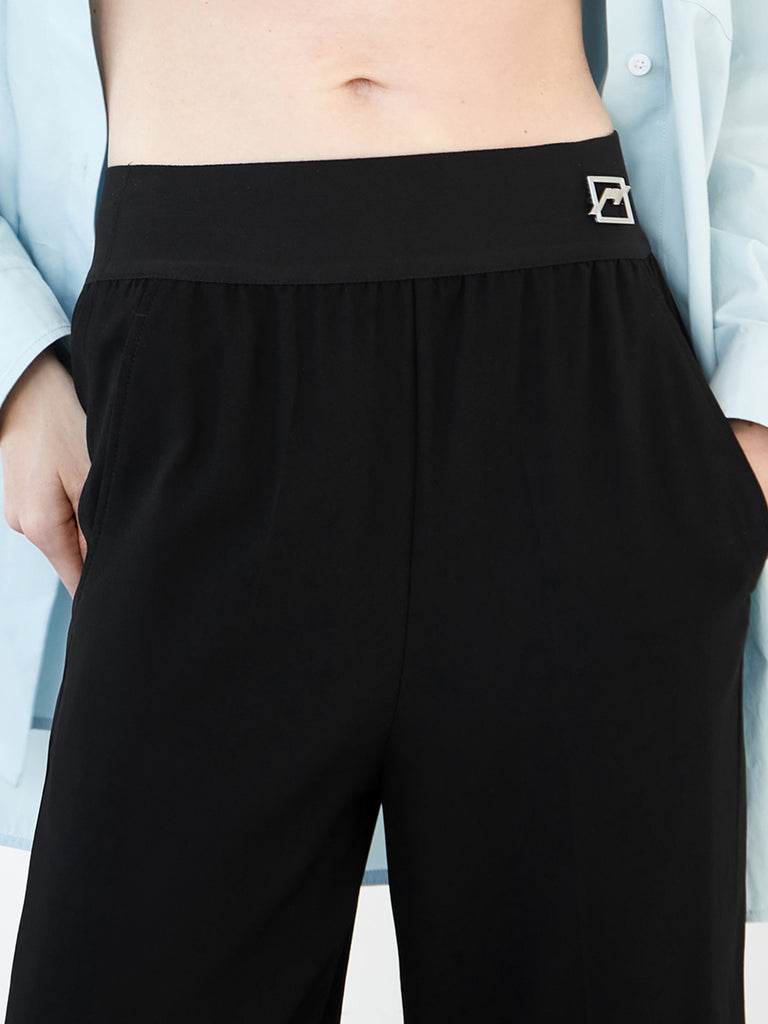MO&Co. Women's Draped Slide Slits Straight Loose Chic Black Trousers
