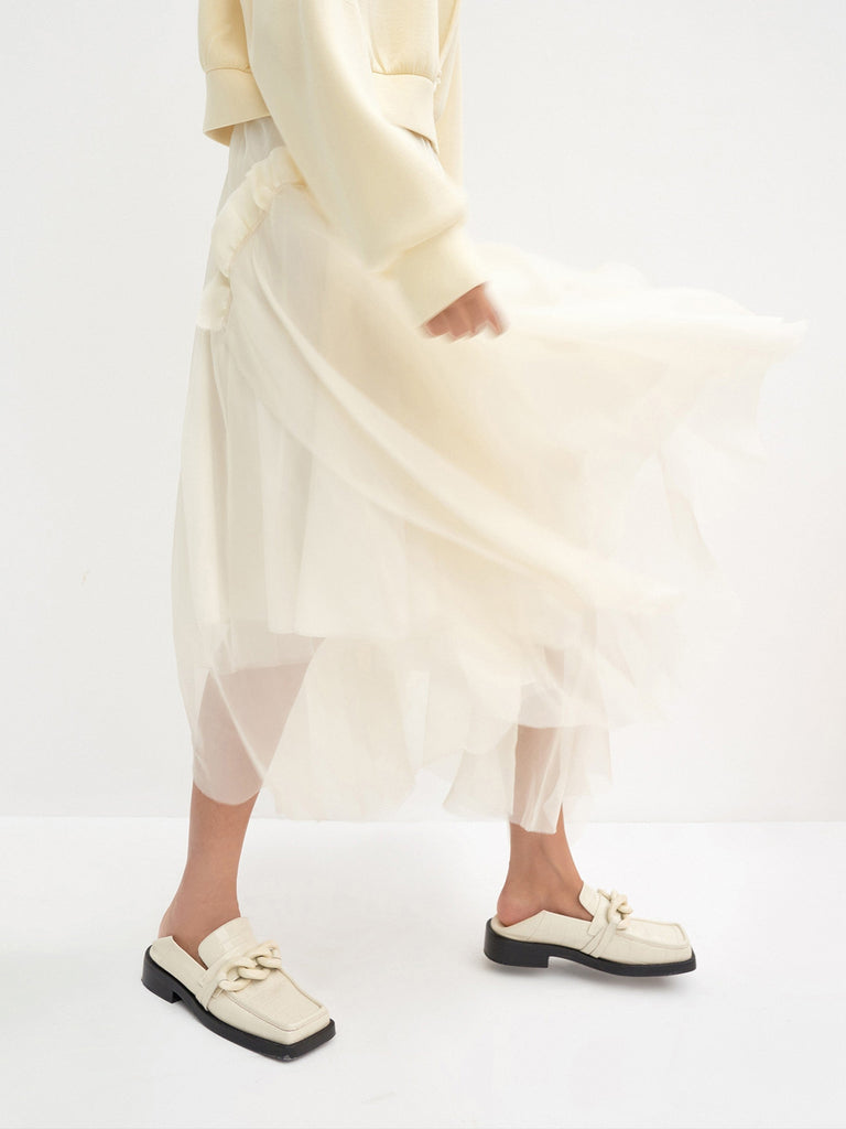 MO&Co. Women's Asymmetric Pleated Silk Skirt Cool Loose Tulle Skirt For Women