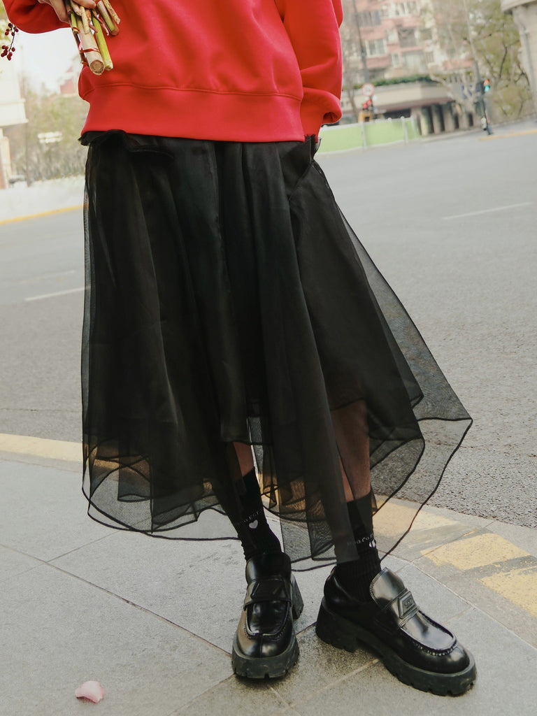 MO&Co. Women's Asymmetric Pleated Silk Skirt Cool Loose Tulle Skirt For Women