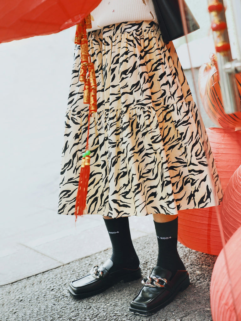 MO&Co. Women's Cotton Tiger Print Skirt Cool Loose Midi Skirt For Women