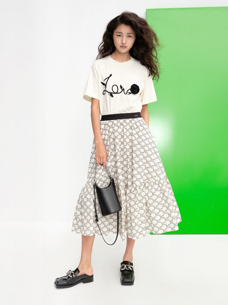 MO&Co. Women's Logo Print Ruffle Midi Skirt White Causal Loose