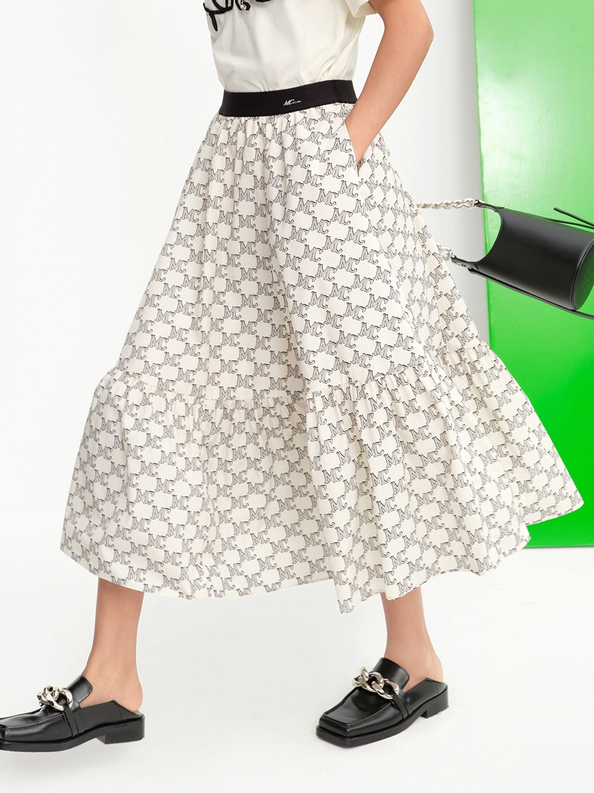 MO&Co. Women's Logo Print Ruffle Midi Skirt White Causal Loose