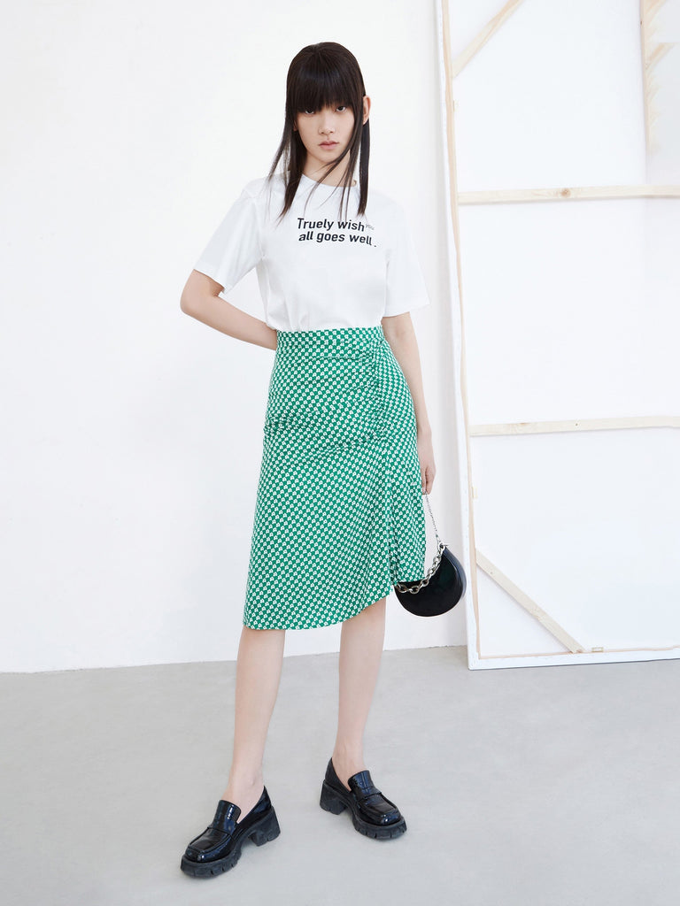 MO&Co. Women's Silk Blend Ruched Monogram Print Skirt Casual