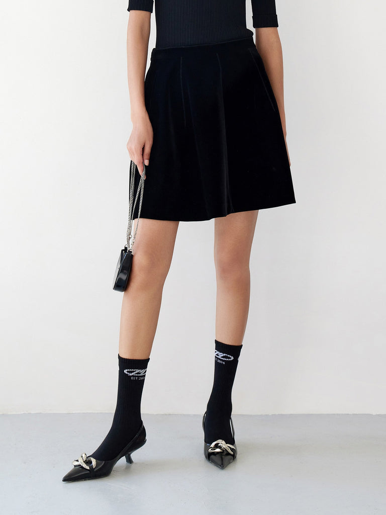 MO&Co. Women's Velvet Effect A-line Loose Chic Black Skirt For Women