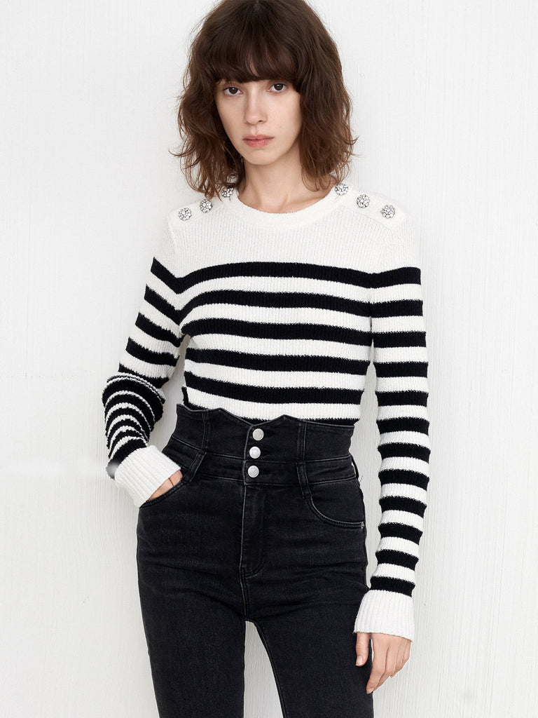 MO&Co. Women's Button Wool Blend Striped Sweater Round Neck Causal Loose
