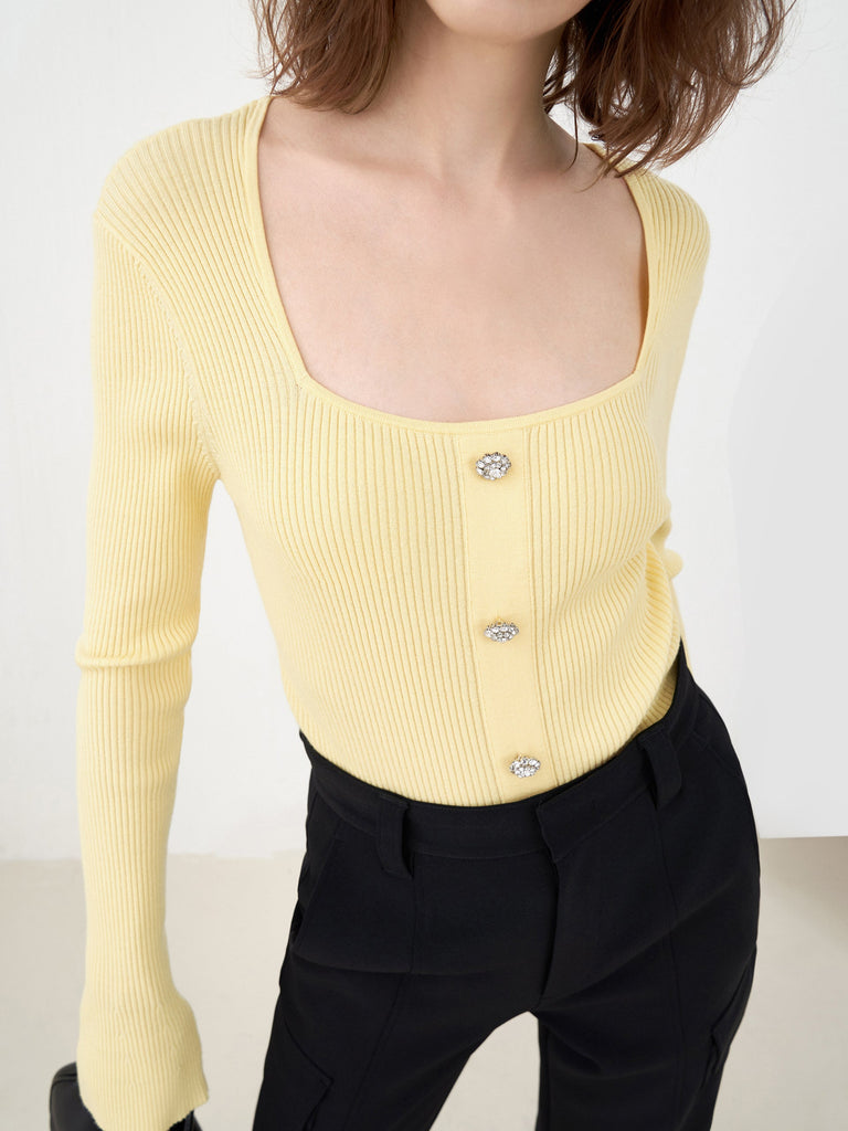 MO&Co. Women's Square Neckline Button Wool Knit Sweater Fitted Casual Square Neck