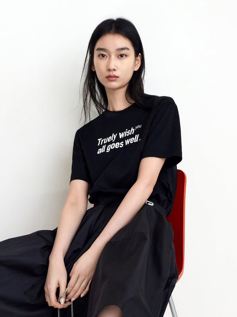 MO&Co. Women's Letter Print Cotton T-shirt Loose Chic Round Neck Black