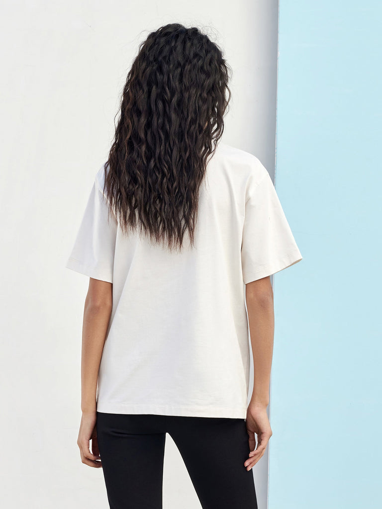 MO&Co. Women's Pattern Print Cotton T-shirt Loose Casual Round Neck White
