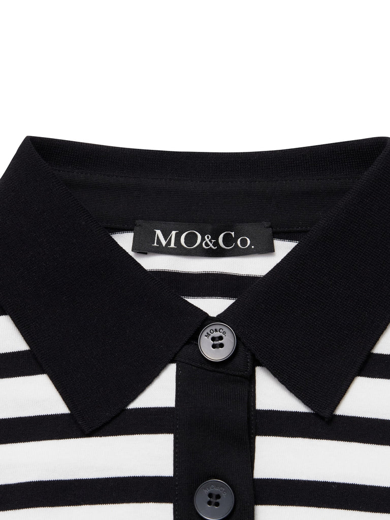 MO&Co. Women's Polo Collar Crop Striped T-shirt Loose Cool Pullover Black