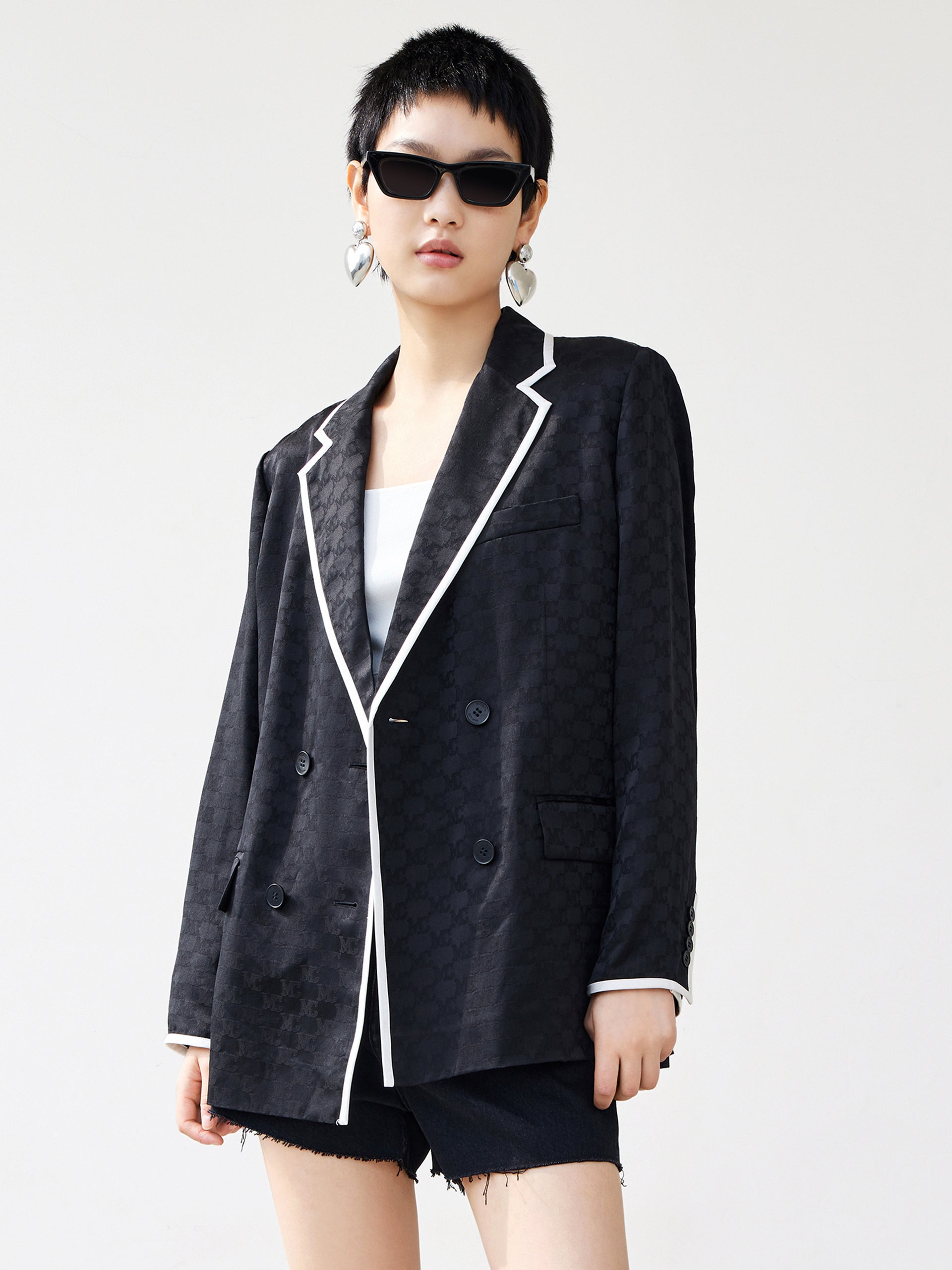 MO&Co. Women's Contrast Midi Lapel Blazer Loose Casual Oversized Blazer Womens