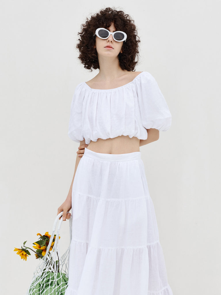 MO&Co.Women Linen Two-piece Dress Fitted Casual Round Neck White Summer