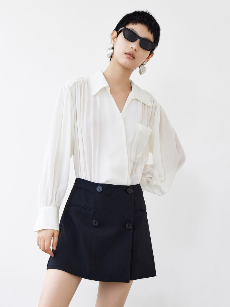 MO&Co. Women's Silk Panel Shirt Dress Loose Casual Lapel 100% Slik White
