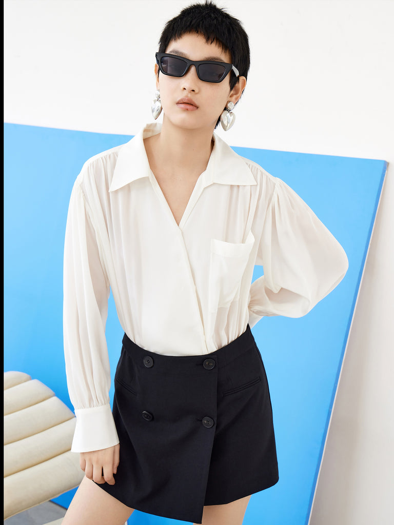 MO&Co. Women's Silk Panel Shirt Dress Loose Casual Lapel 104% Slik White