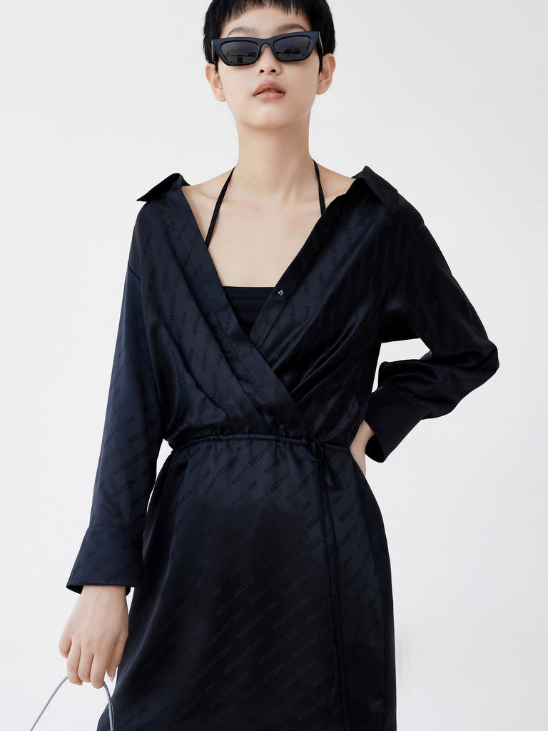 MO&Co. Women's Silk Blend Lapel Dress Loose Casual V Neck Black Dress For Woman
