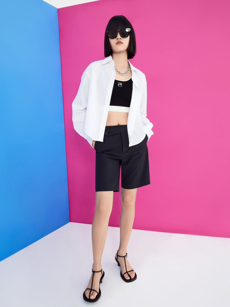 MO&Co. Women's Side Button Midi Shorts Loose Casual Streetwear Summer