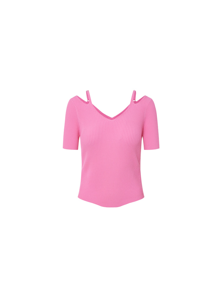 MO&Co. Women's Cut Shoulder Knitted Top Fitted Casual Pink Tops For Women