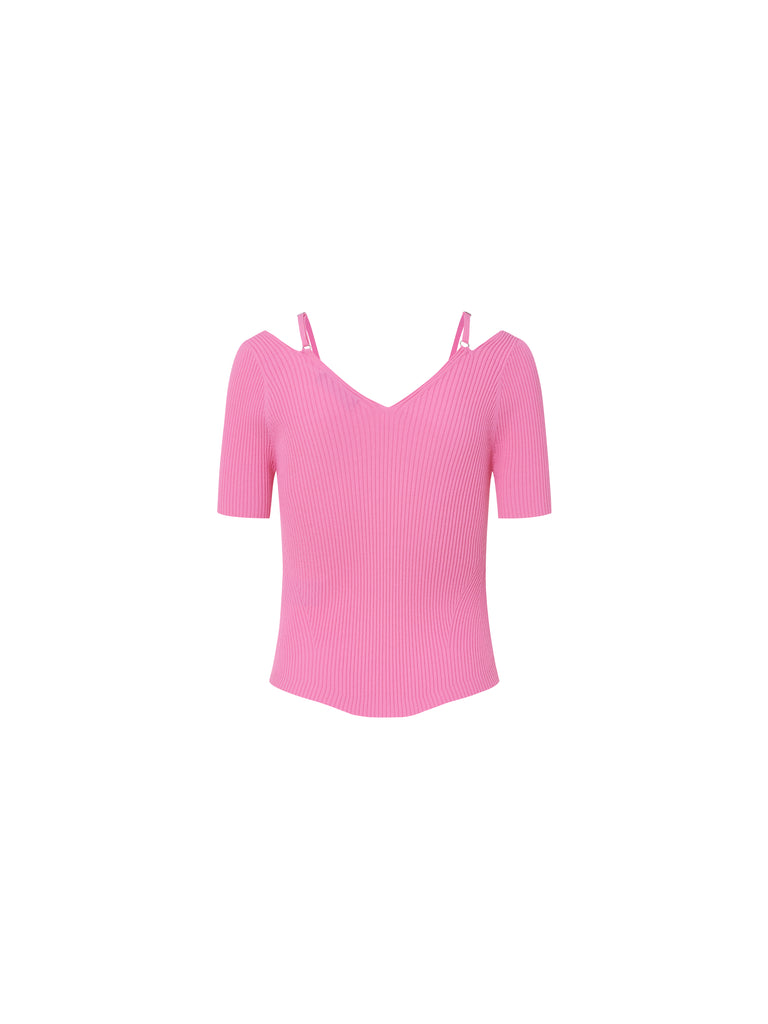 MO&Co. Women's Cut Shoulder Knitted Top Fitted Casual Pink Tops For Women