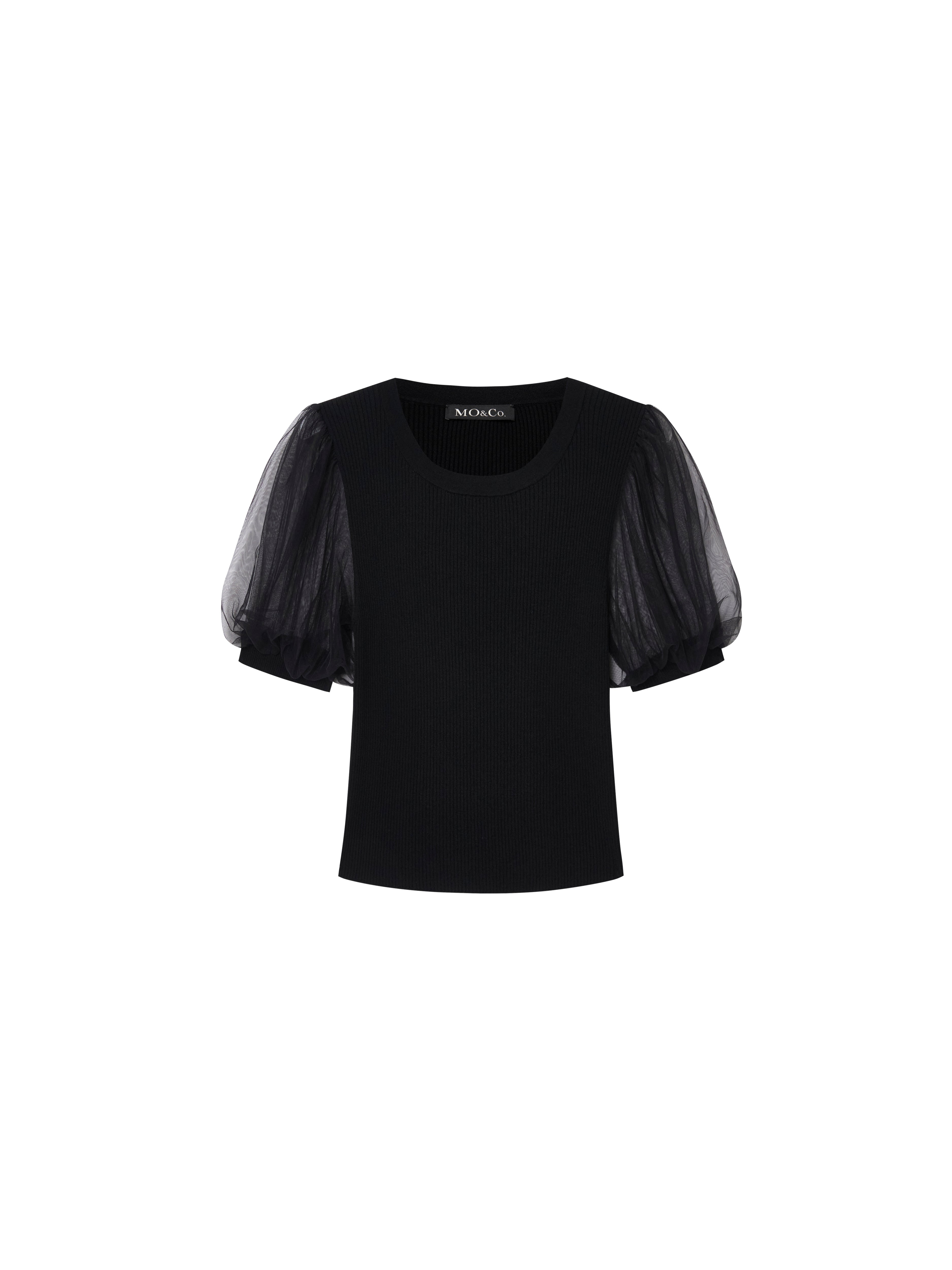 MO&Co. Women's Tulle Puff Sleeve Top Fitted Casual Round Neck Black