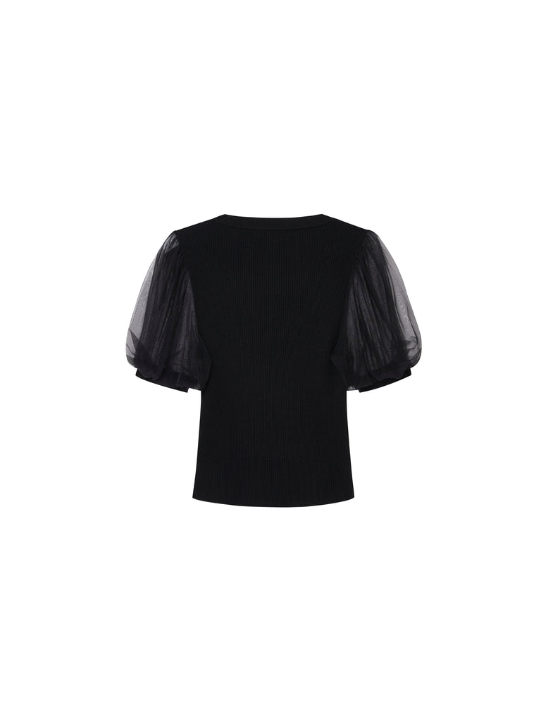MO&Co. Women's Tulle Puff Sleeve Top Fitted Casual Round Neck Black
