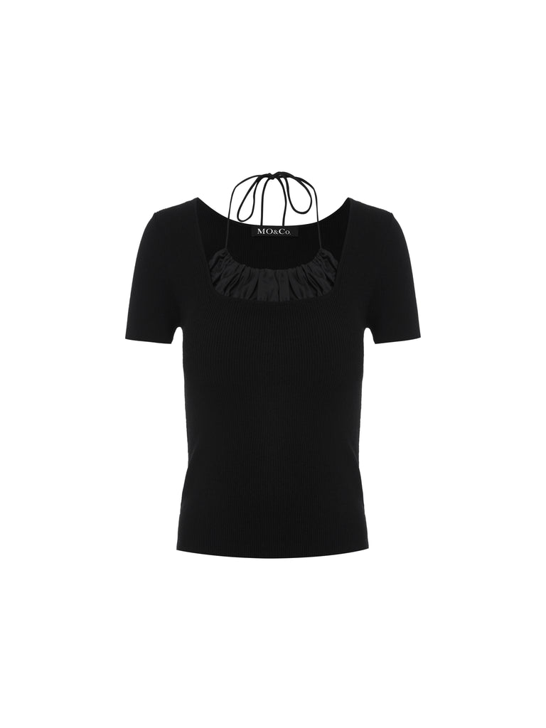 MO&Co. Women's Knit Top in Bodycon Fit Loose Casual Round Neck Black