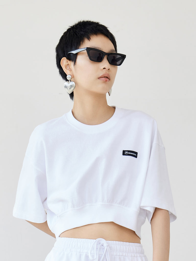 Cotton Round Neck Cropped T-Shirt MO&Co.