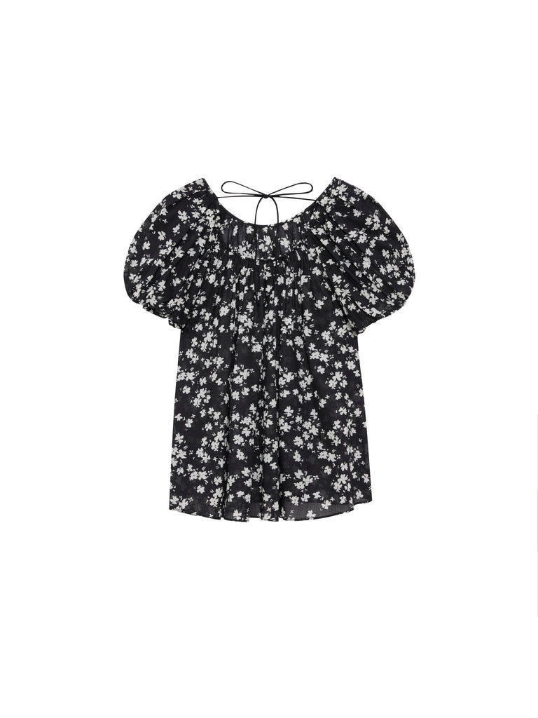 MO&Co. Women's Floral Print Puff Sleeve Top Loose Casual Round Neck Black Tops For Women